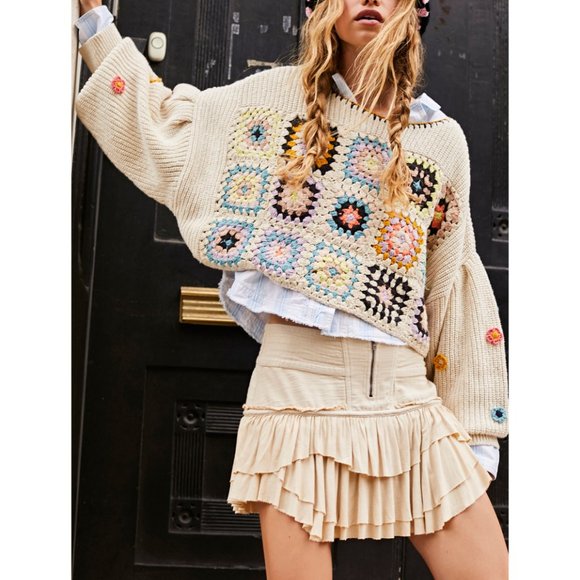 NWT Free People Dahlia Crochet Pullover / Antique Pearl Combo - Picture 6 of 7